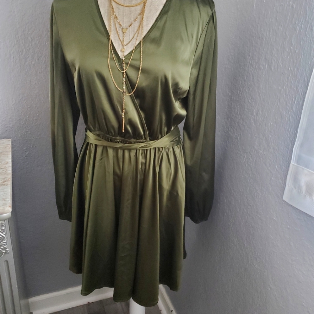 Akira forest green silk mini dress